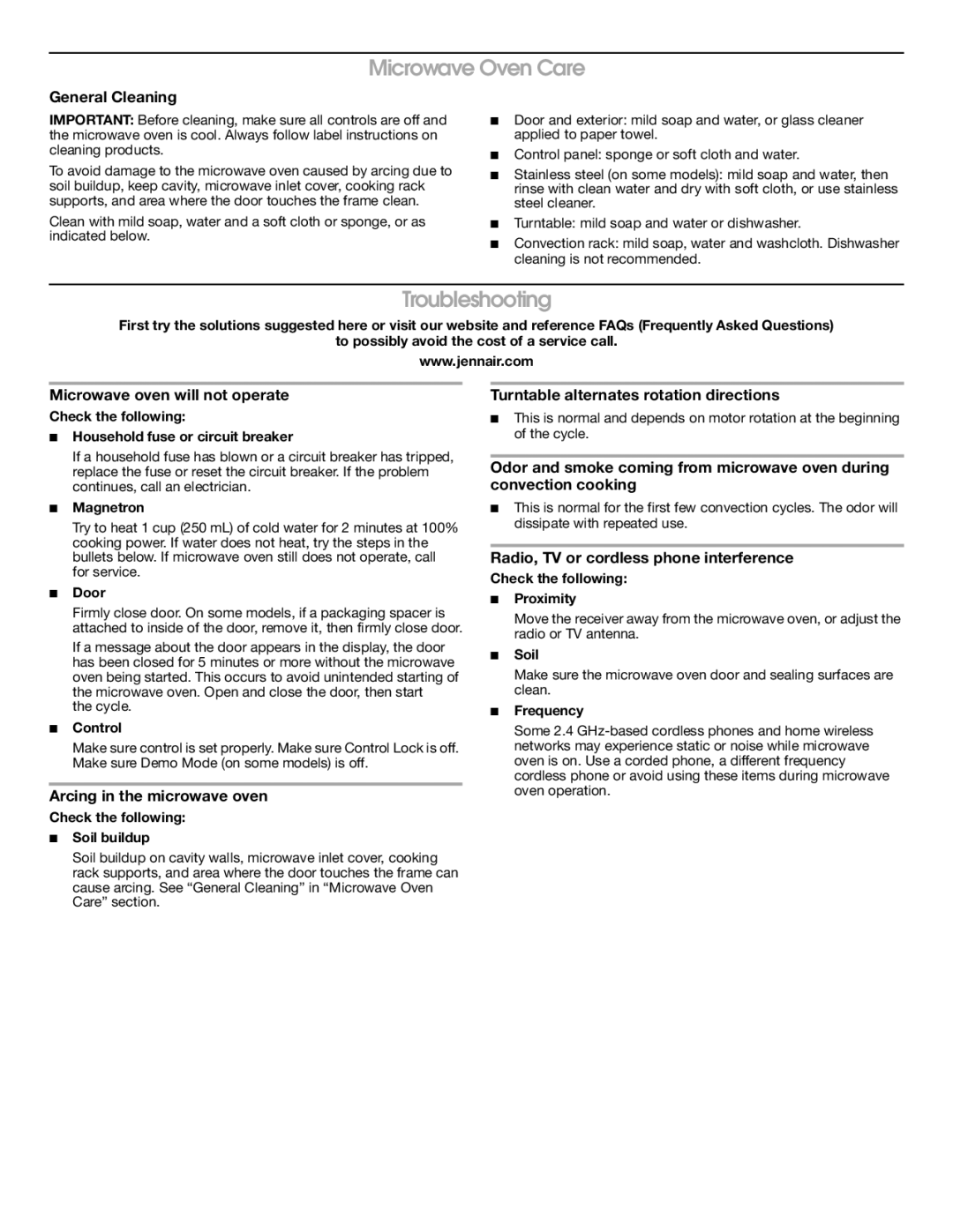 Jenn-Air W10244851A important safety instructions Microwave Oven Care, Troubleshooting 