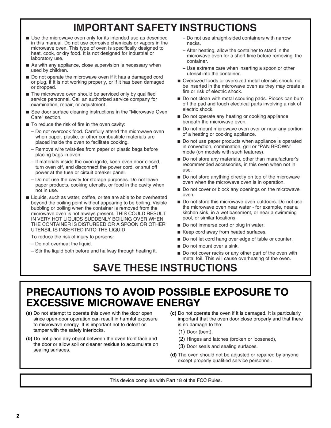 Jenn-Air W10244851A Precautions To Avoid Possible Exposure To Excessive Microwave Energy, Important Safety Instructions 