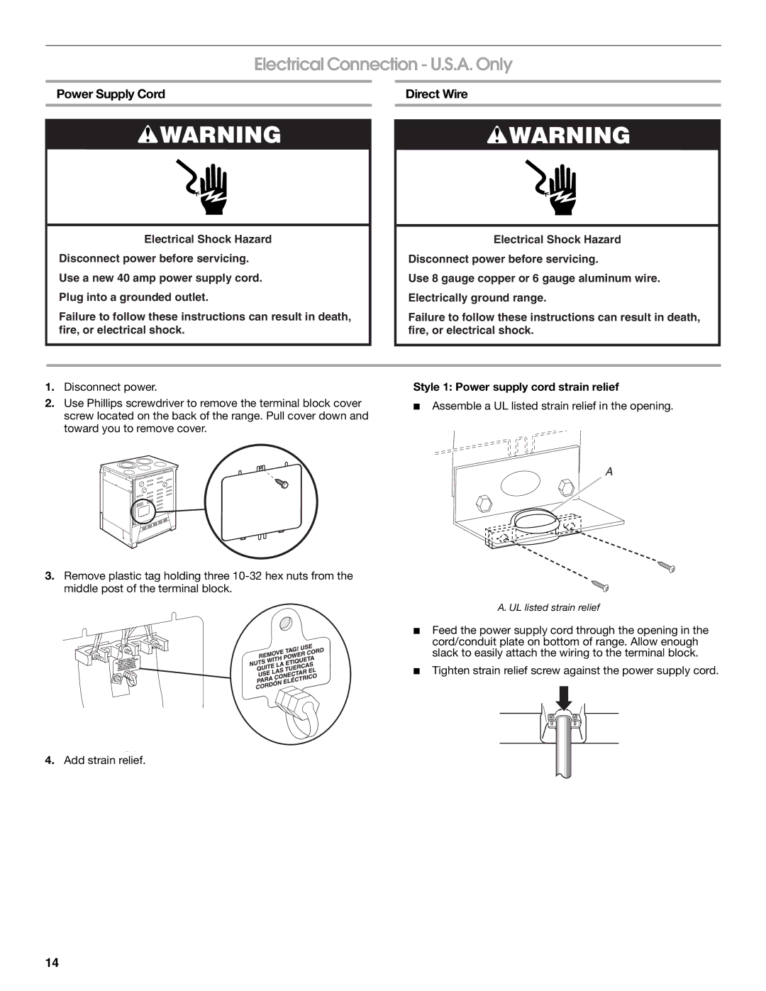 Jenn-Air W10253462A installation instructions Electrical Connection U.S.A. Only, Power Supply Cord, Direct Wire 