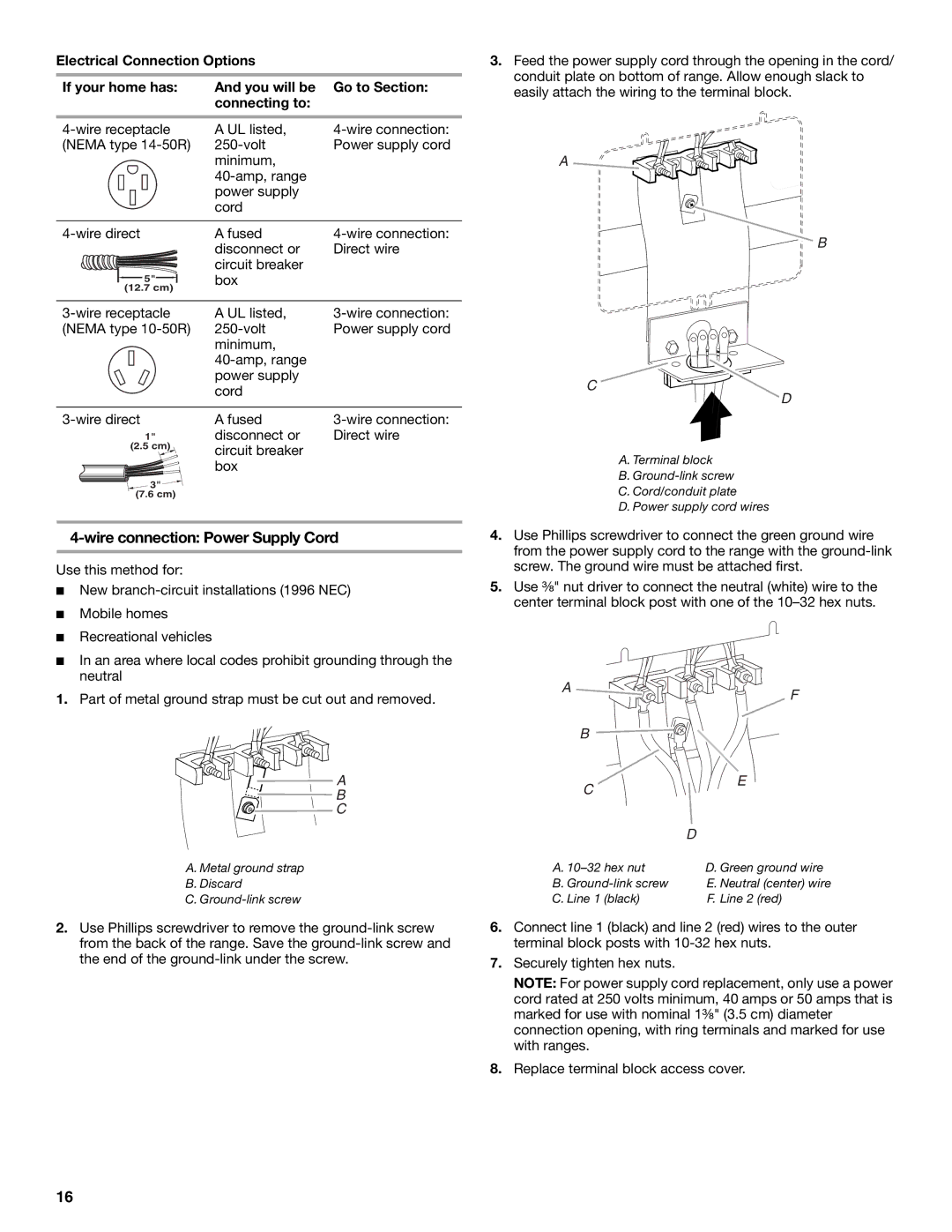 Jenn-Air W10253462A installation instructions Wire connection Power Supply Cord 