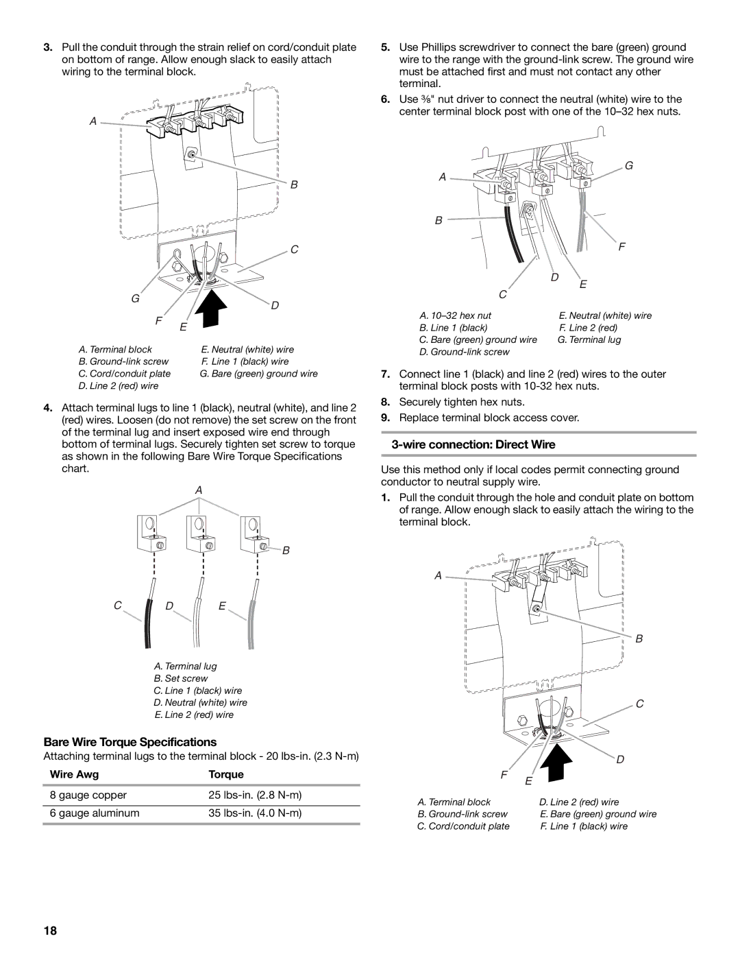 Jenn-Air W10253462A installation instructions Bare Wire Torque Specifications, Wire Awg Torque 