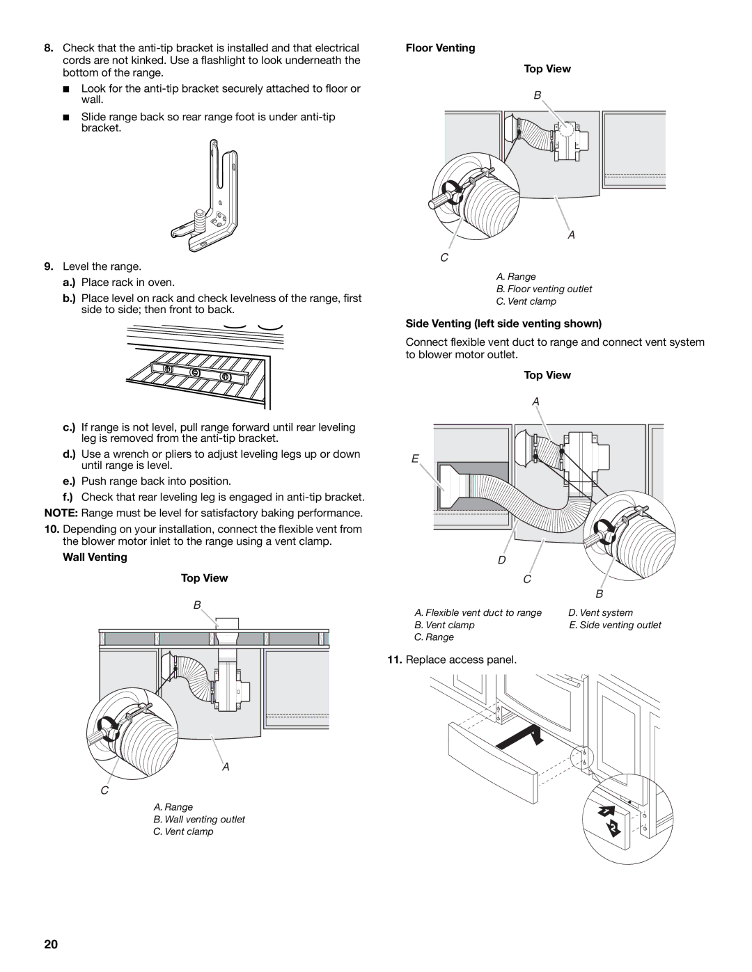 Jenn-Air W10253462A installation instructions Wall Venting Top View Floor Venting, Side Venting left side venting shown 