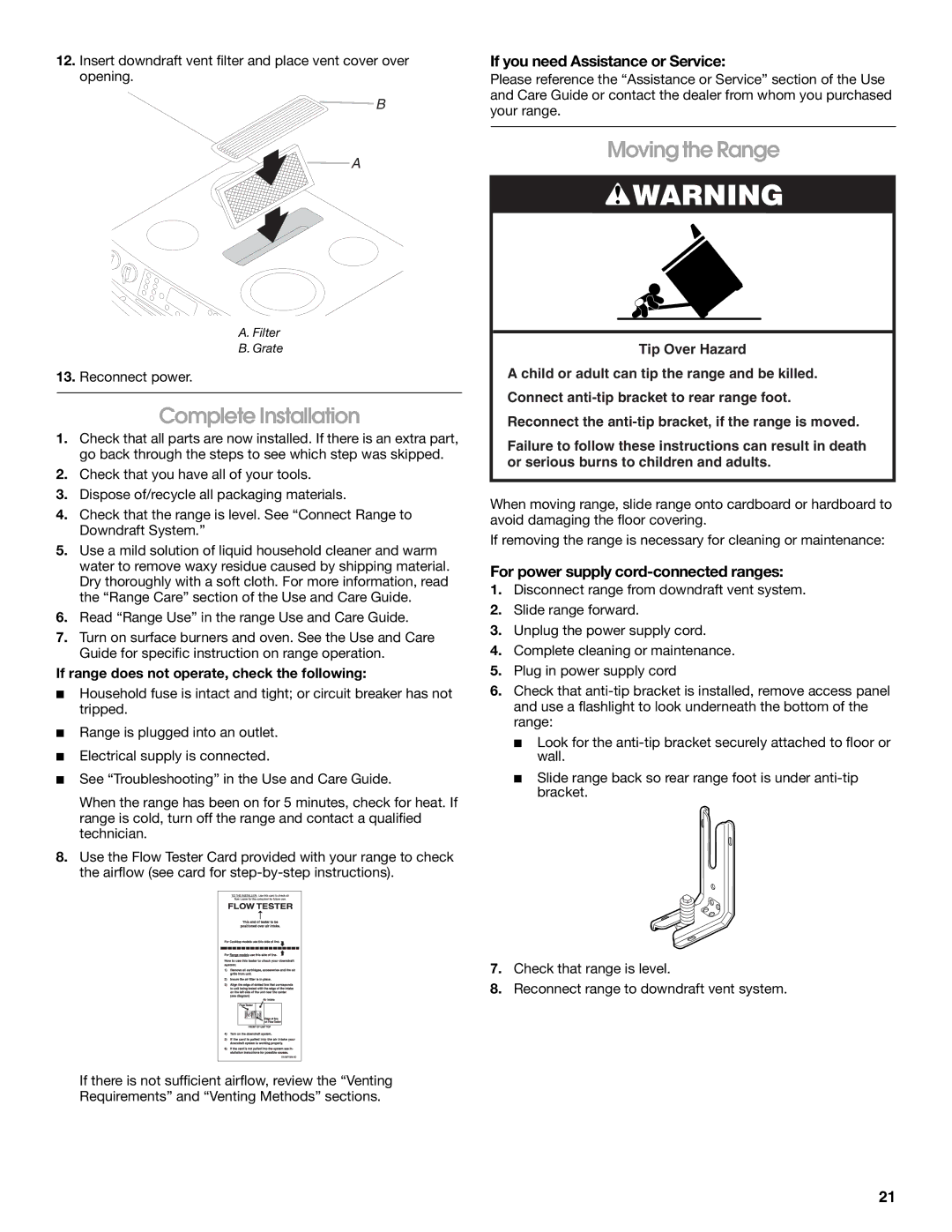 Jenn-Air W10253462A installation instructions Complete Installation, Moving the Range, If you need Assistance or Service 