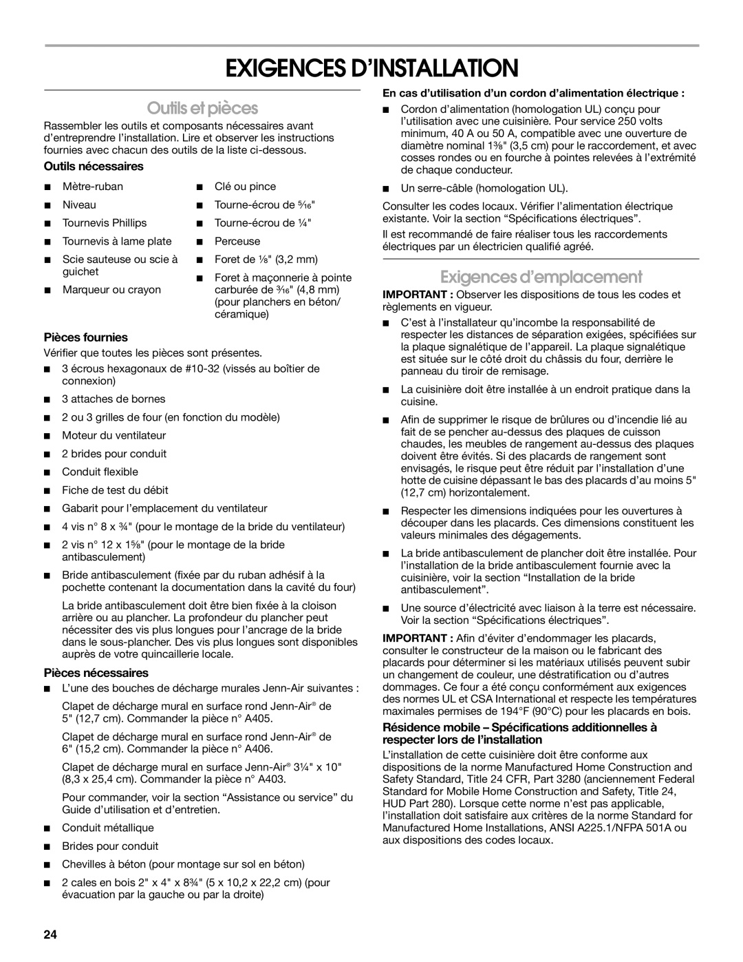 Jenn-Air W10253462A installation instructions Exigences D’INSTALLATION, Outils et pièces, Exigences d’emplacement 