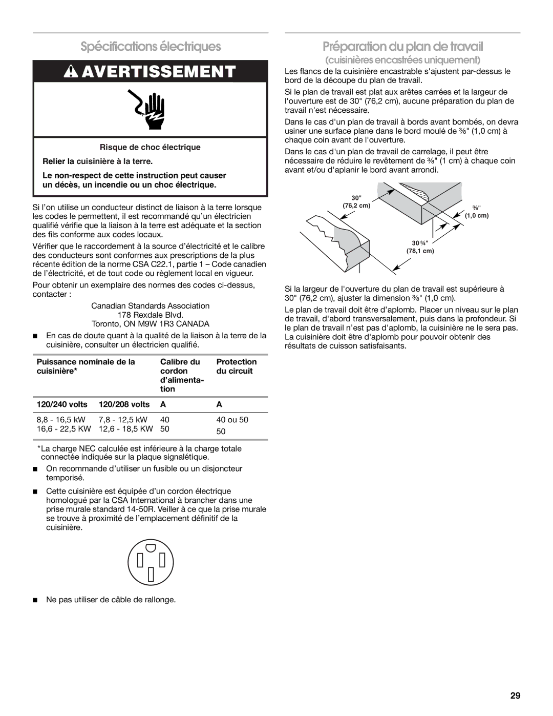 Jenn-Air W10253462A installation instructions Spécifications électriques, Préparation du plan de travail 