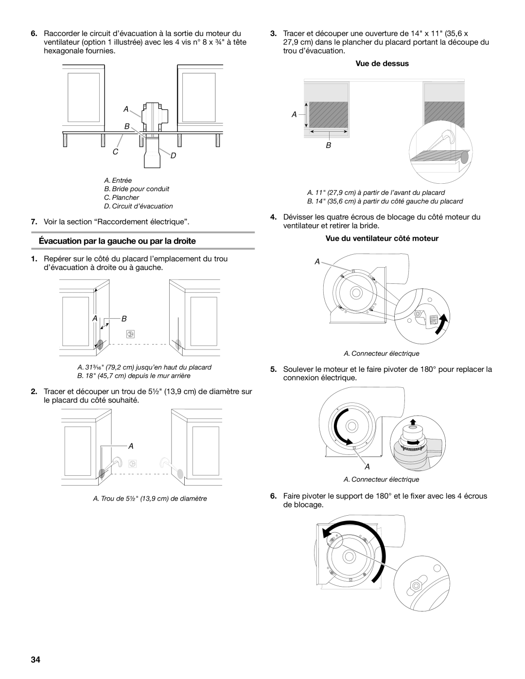 Jenn-Air W10253462A installation instructions Évacuation par la gauche ou par la droite, Vue du ventilateur côté moteur 