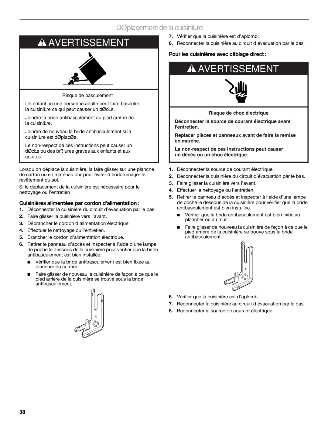 Jenn-Air W10253462A installation instructions Déplacement de la cuisinière, Pour les cuisinières avec câblage direct 