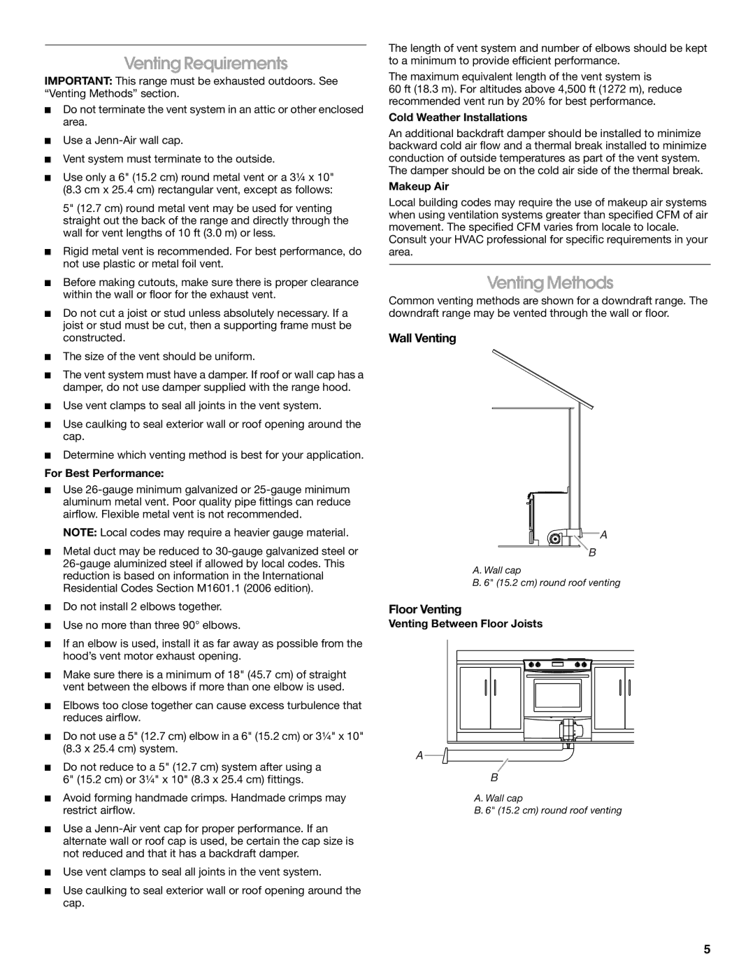 Jenn-Air W10253462A installation instructions Venting Requirements, Venting Methods, Wall Venting, Floor Venting 