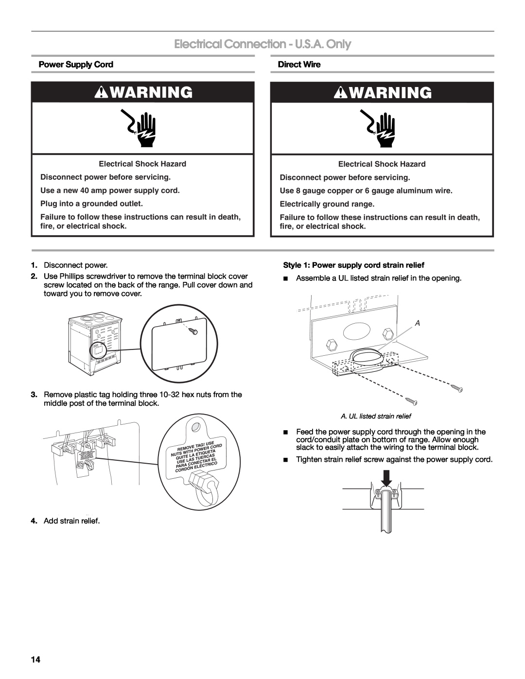Jenn-Air W10253462A installation instructions Electrical Connection - U.S.A. Only, Power Supply Cord, Direct Wire 