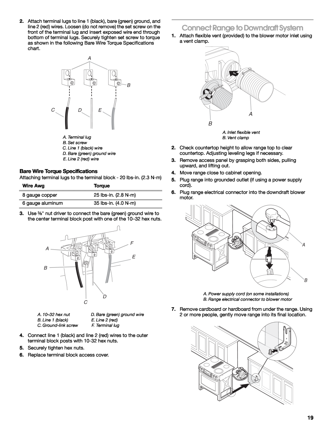 Jenn-Air W10253462A installation instructions Connect Range to Downdraft System, Bare Wire Torque Specifications, A B C D E 