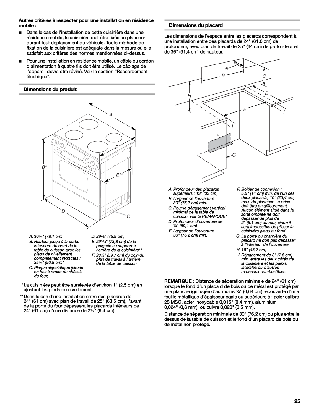 Jenn-Air W10253462A installation instructions Dimensions du placard, Dimensions du produit, A F B E, A Bc, Ei I F G 