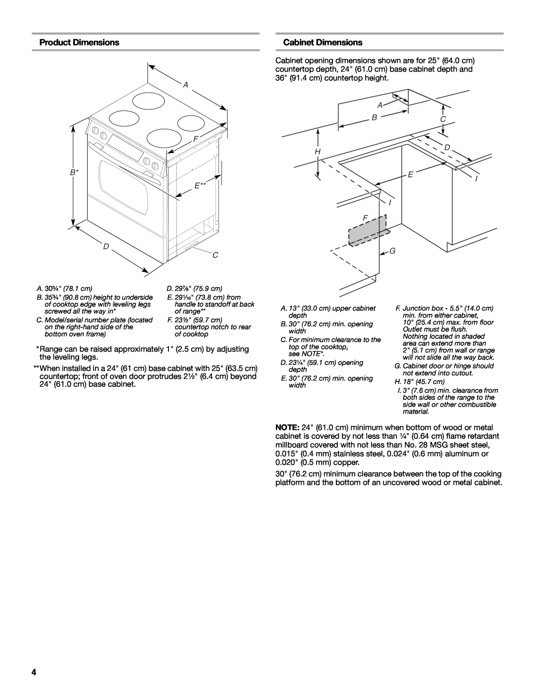 Jenn-Air W10253462A installation instructions Product Dimensions, Cabinet Dimensions, A F E C, A Bc, Ei I F G 
