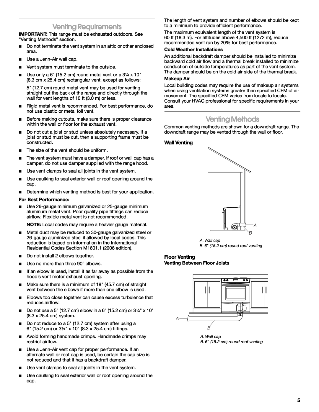 Jenn-Air W10253462A installation instructions Venting Requirements, Venting Methods, Wall Venting, Floor Venting 
