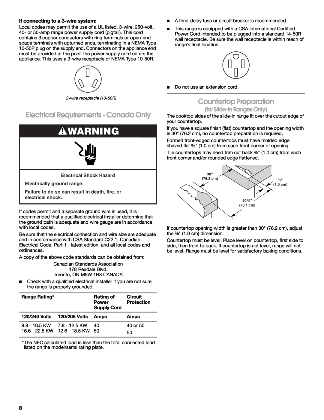 Jenn-Air W10253462A Electrical Requirements - Canada Only, Countertop Preparation, for Slide-in Ranges Only 