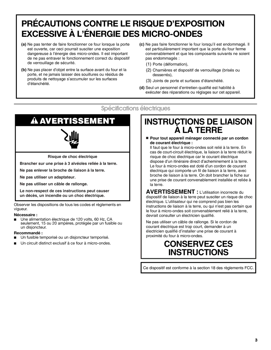 Jenn-Air W10259841B Instructions DE Liaison LA Terre, Spécifications électriques, Nécessaire, Recommandé 