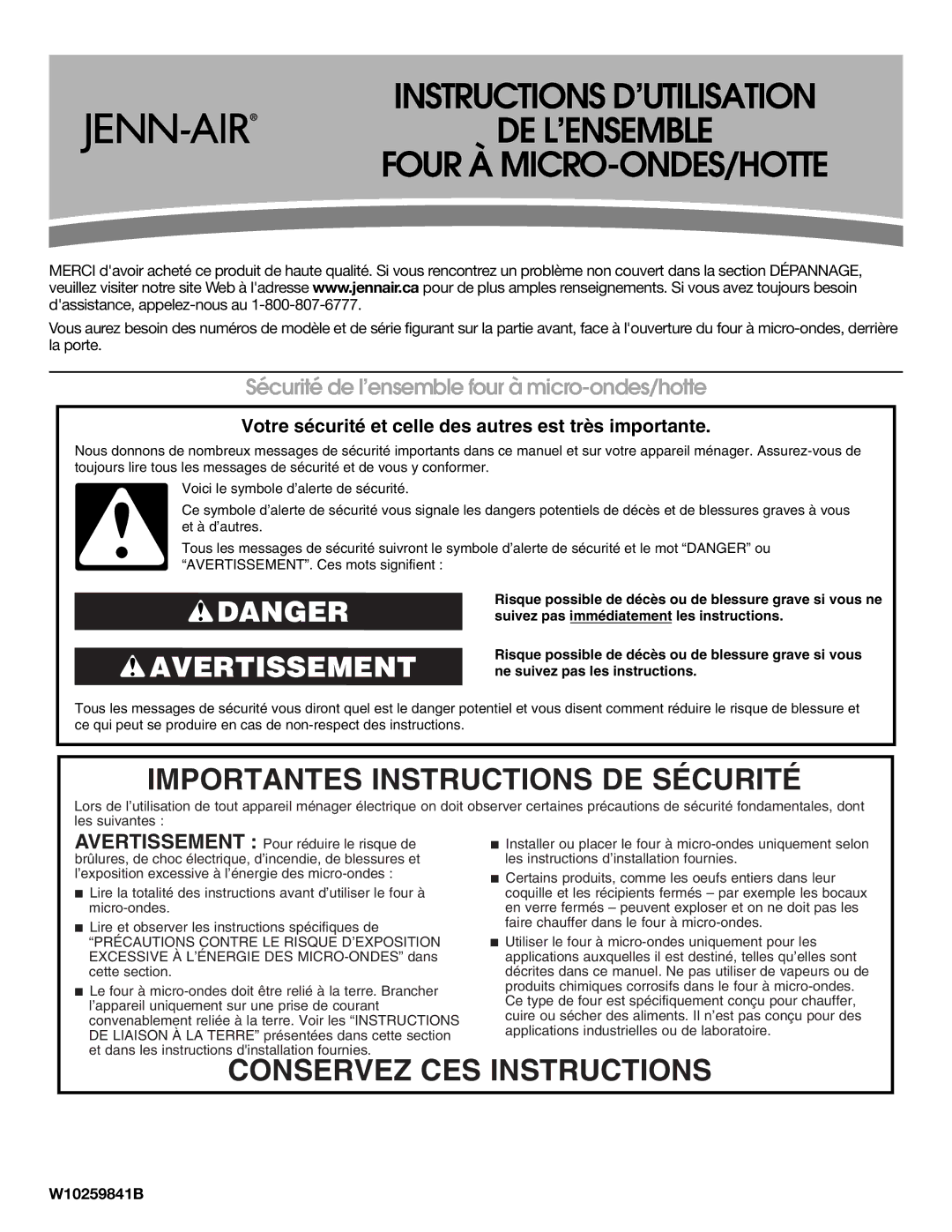 Jenn-Air W10259841B important safety instructions Importantes Instructions DE Sécurité, Conservez CES Instructions 