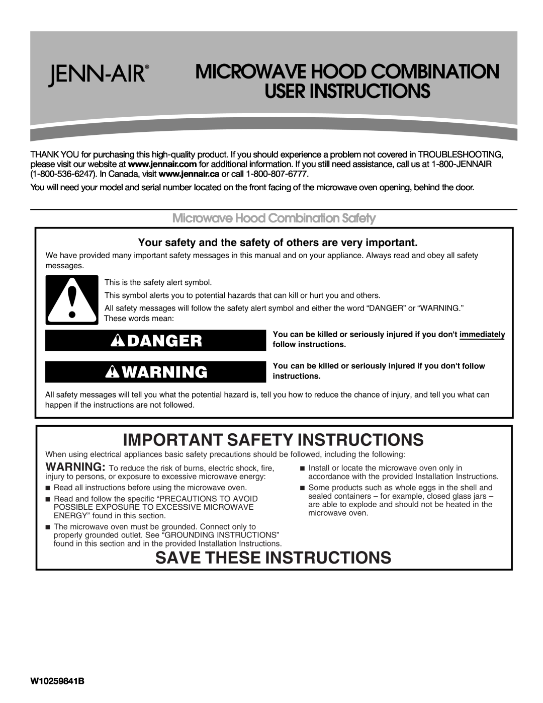 Jenn-Air W10259841B important safety instructions Microwave Hood Combination User Instructions, Save These Instructions 