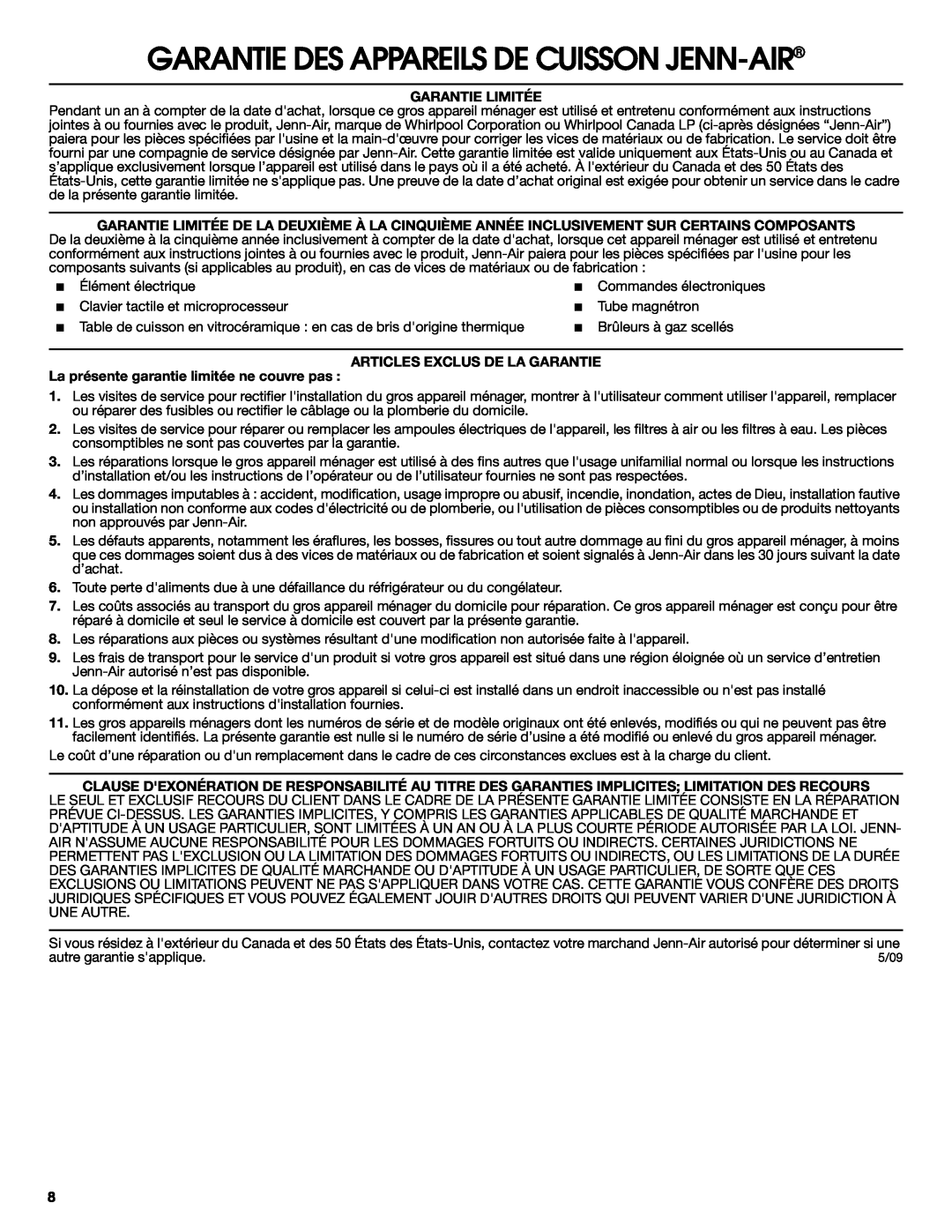 Jenn-Air W10259841B Garantie Des Appareils De Cuisson Jenn-Air, Garantie Limitée, Articles Exclus De La Garantie 