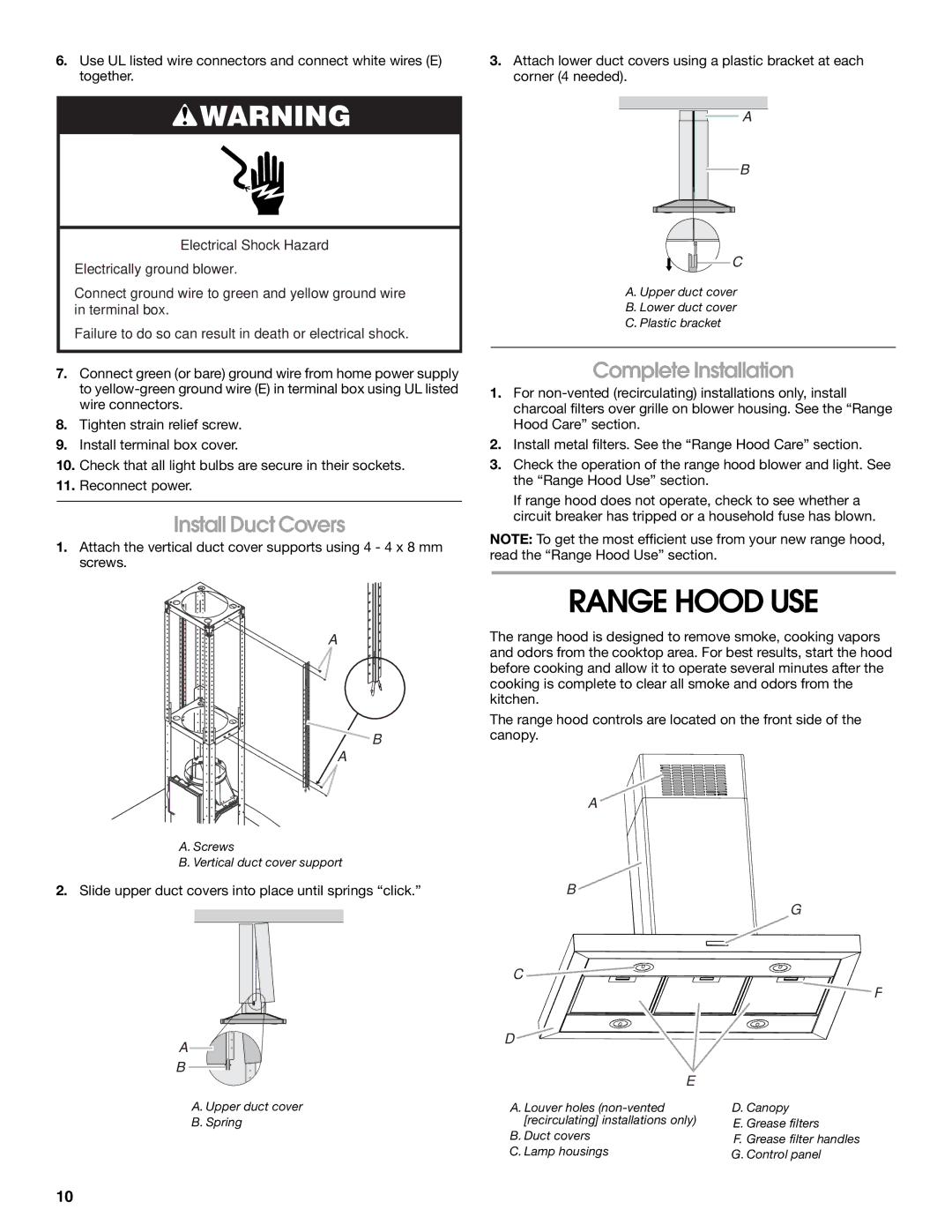 Jenn-Air W10272061, W10274319E installation instructions Range Hood USE, Install Duct Covers, Complete Installation 