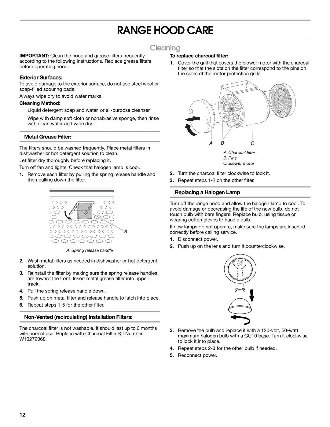 Jenn-Air W10272061, W10274319E installation instructions Range Hood Care, Cleaning 