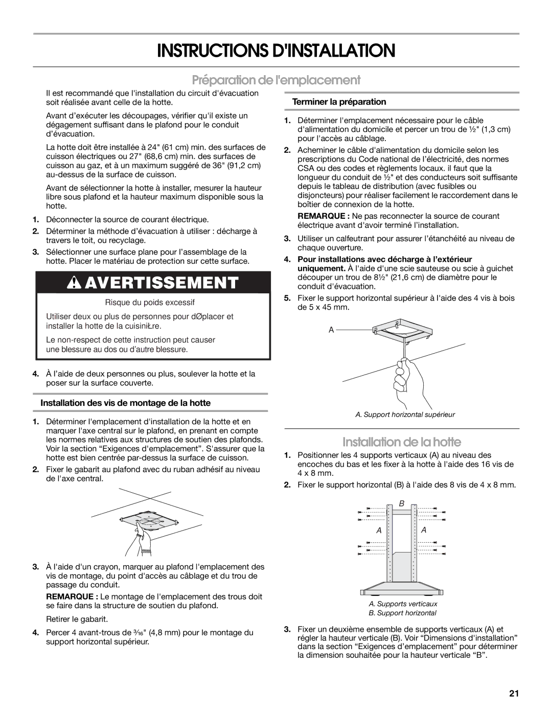 Jenn-Air W10274319E, W10272061 Instructions Dinstallation, Préparation de lemplacement, Installation de la hotte 