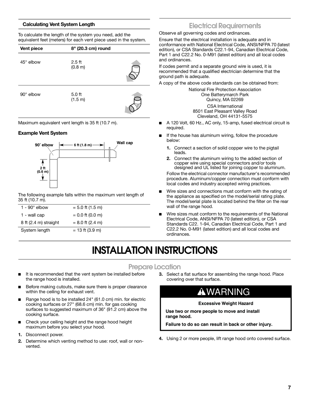 Jenn-Air W10274319E Installation Instructions, Electrical Requirements, Prepare Location, Calculating Vent System Length 