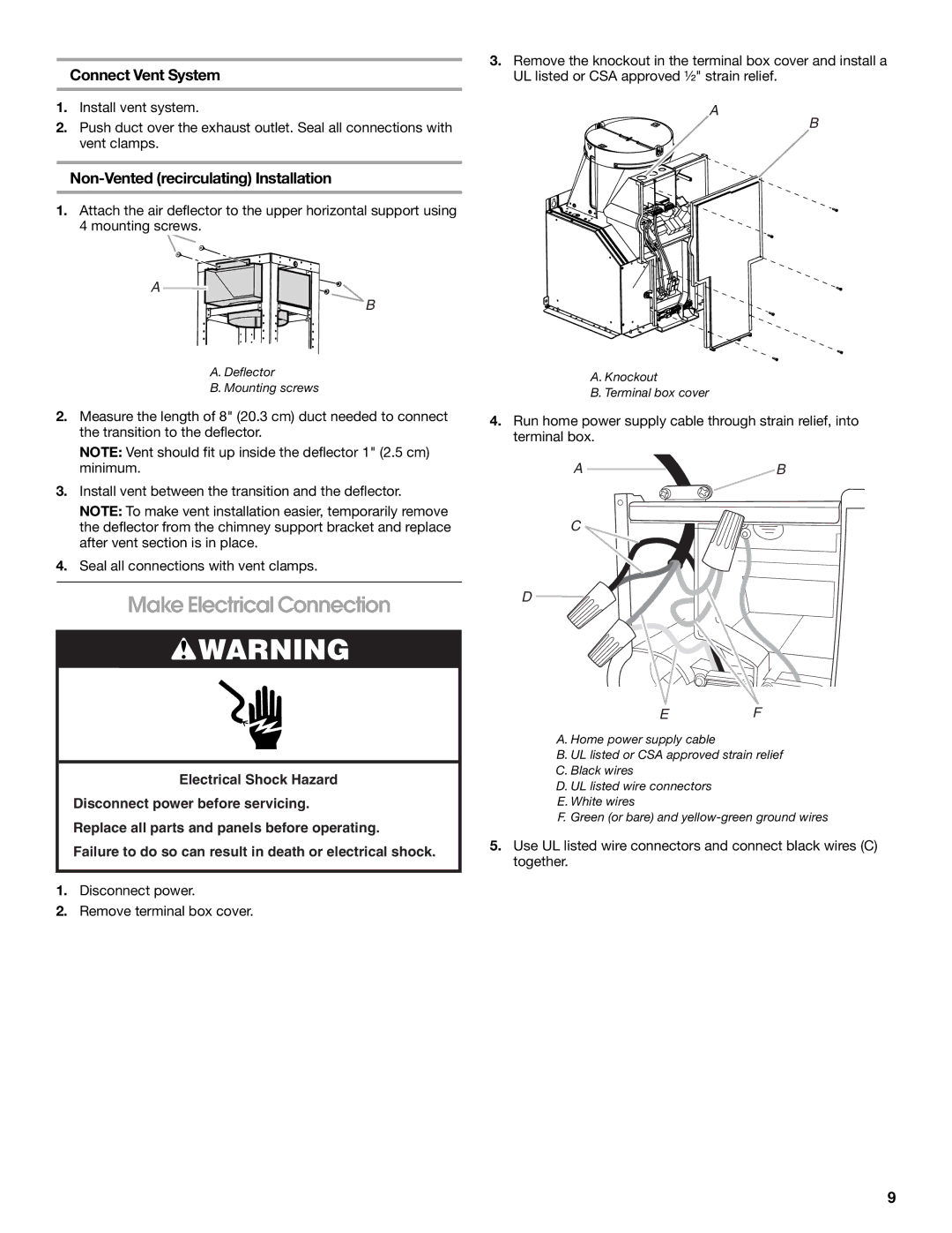 Jenn-Air W10274319E, W10272061 Make Electrical Connection, Connect Vent System, Non-Vented recirculating Installation 