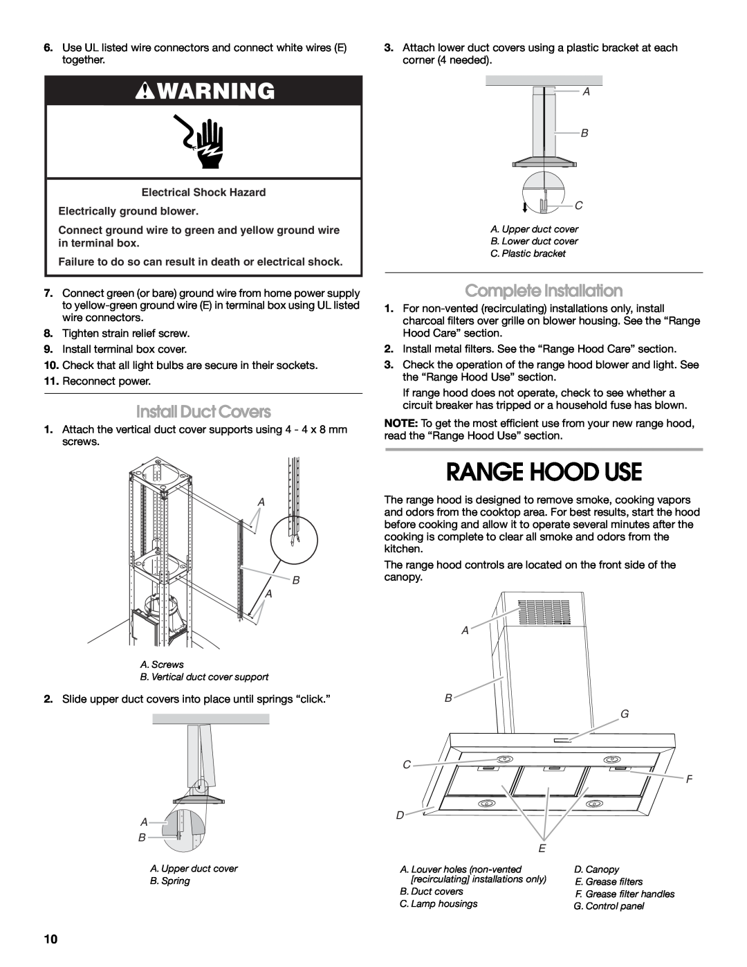 Jenn-Air W10272061, W10274319E Range Hood Use, Install Duct Covers, Complete Installation, A B C, A B A 