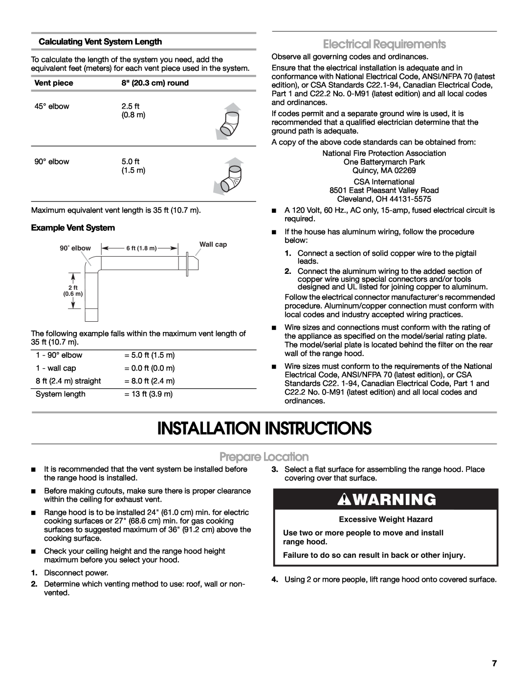 Jenn-Air W10274319E Installation Instructions, Electrical Requirements, Prepare Location, Calculating Vent System Length 