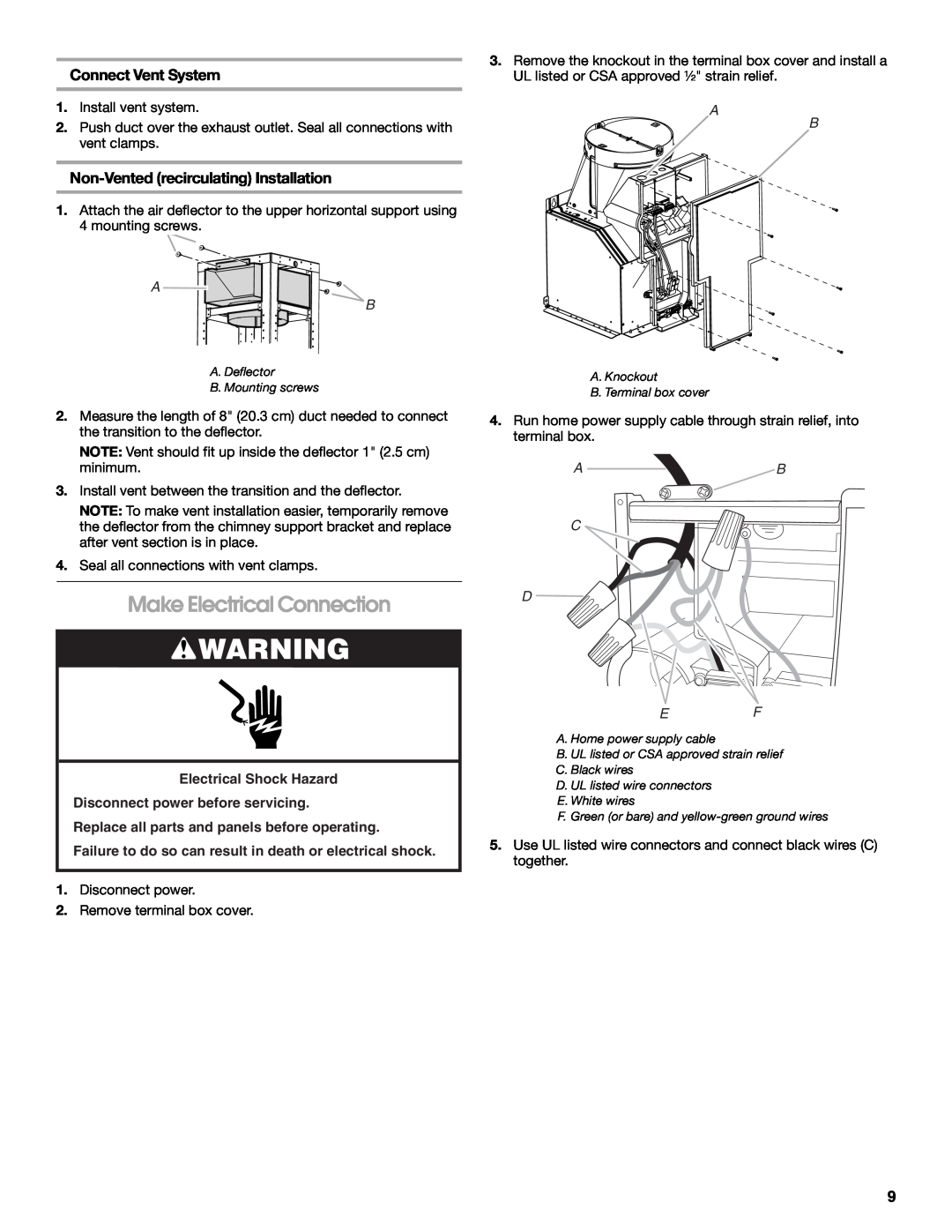 Jenn-Air W10274319E Make Electrical Connection, Connect Vent System, Non-Ventedrecirculating Installation, A B C D Ef 