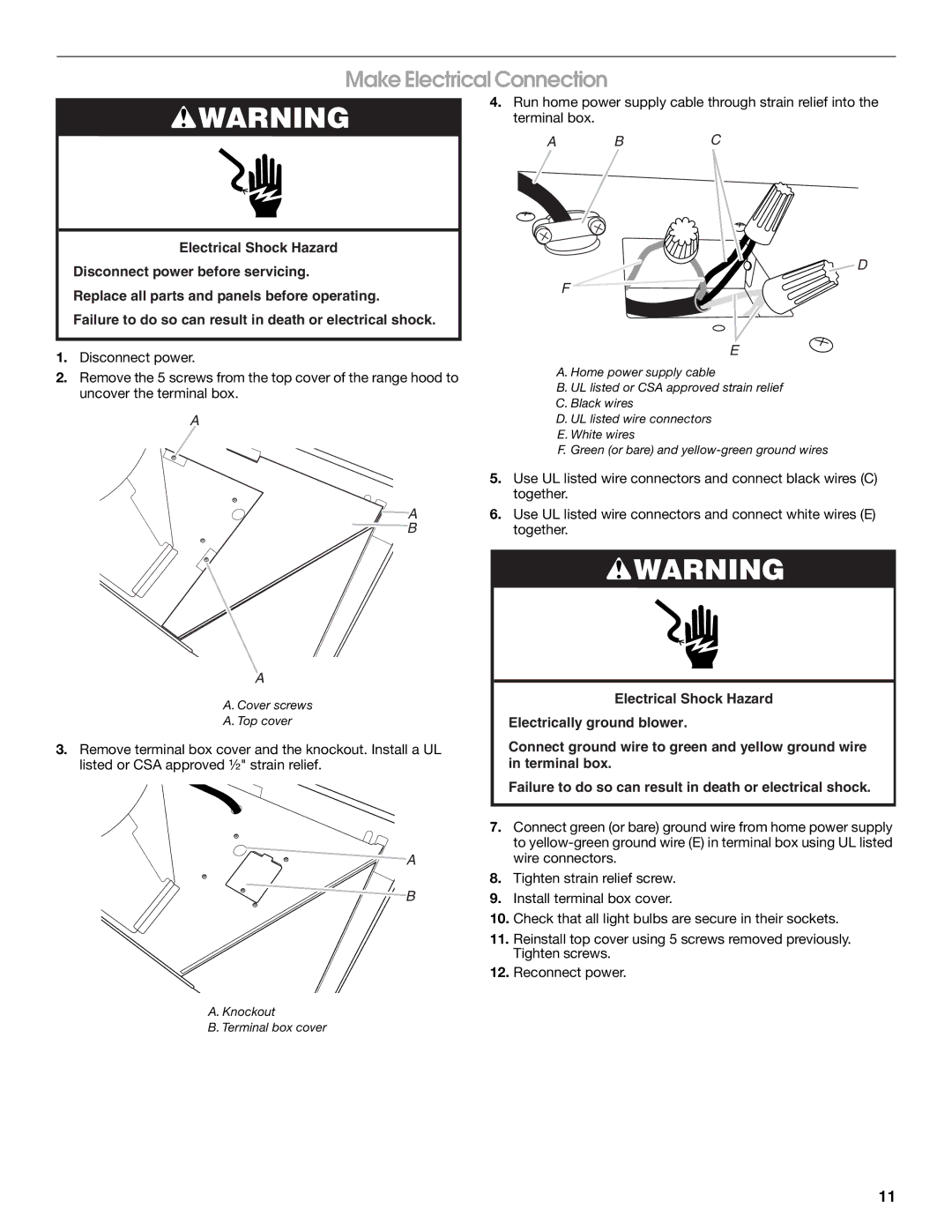 Jenn-Air LI3URB/W10274314C installation instructions Make Electrical Connection, Disconnect power 