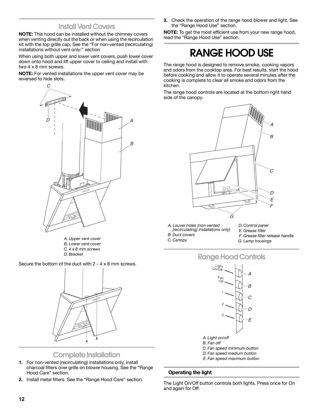 Jenn-Air LI3URB/W10274314C Range Hood USE, Install Vent Covers, Complete Installation, Operating the light 