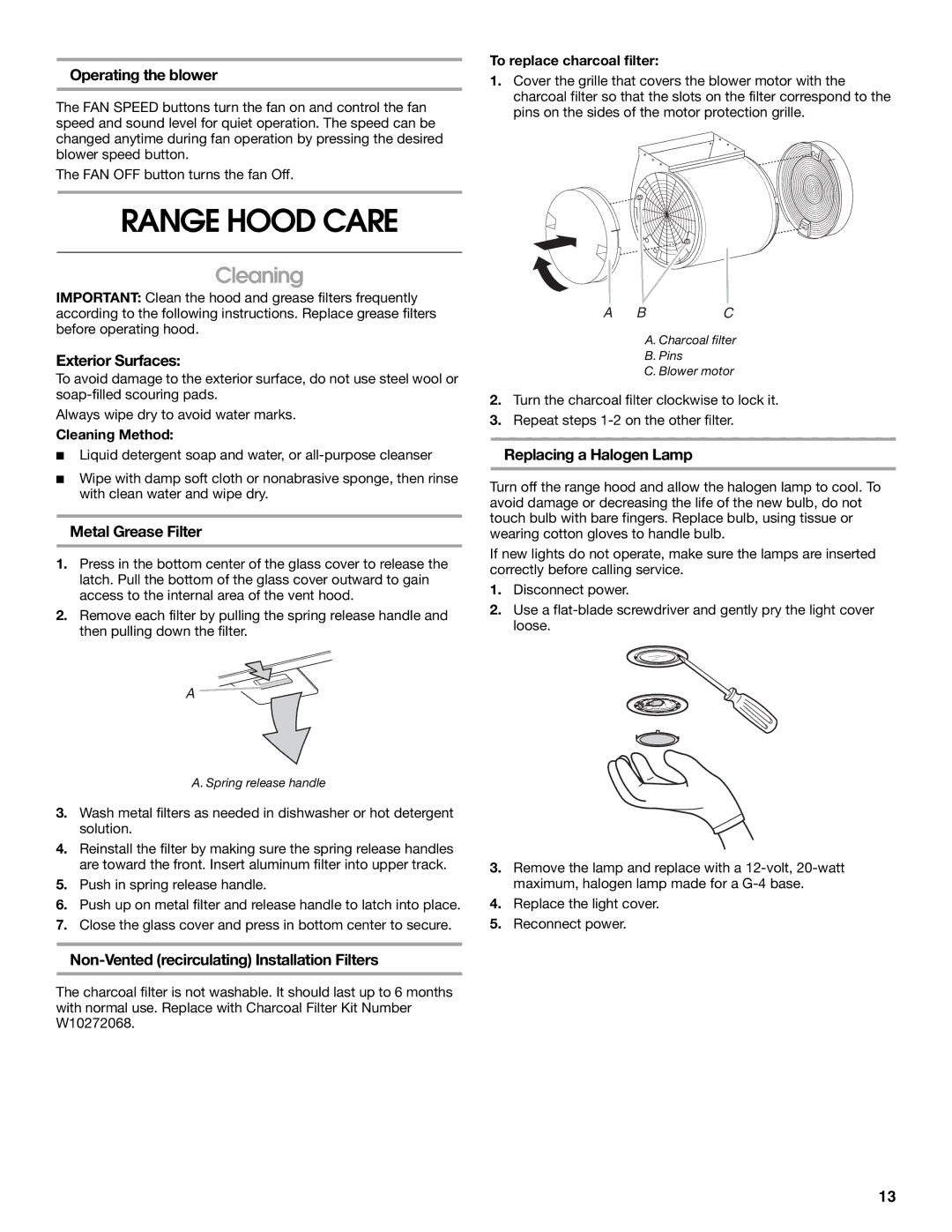 Jenn-Air LI3URB/W10274314C installation instructions Range Hood Care, Cleaning 