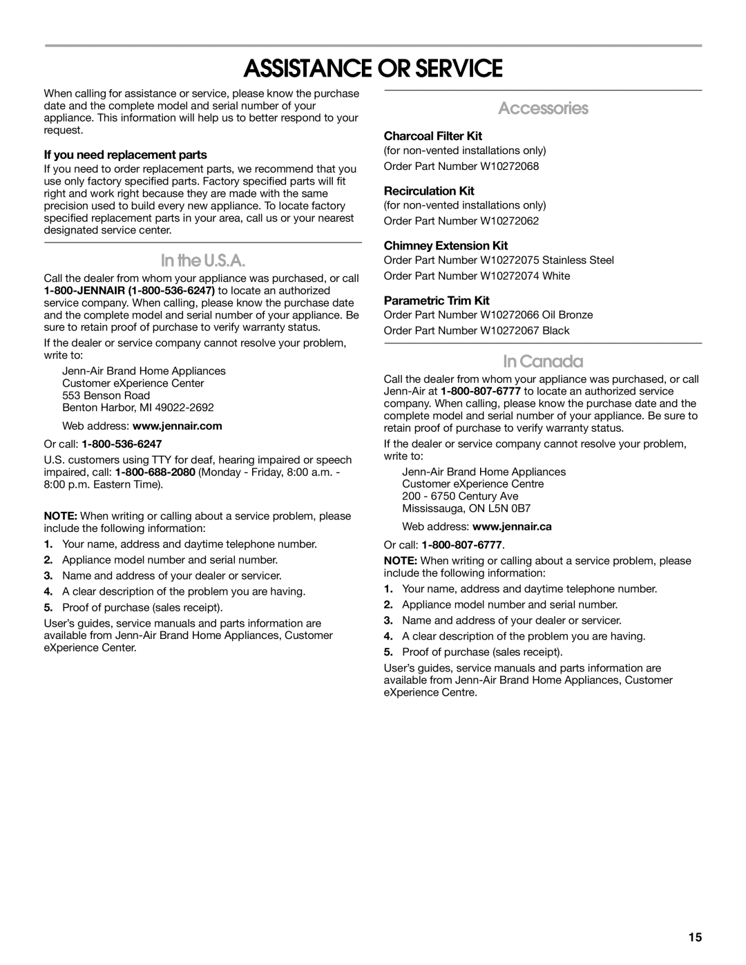 Jenn-Air LI3URB/W10274314C installation instructions Assistance or Service, U.S.A, Accessories, Canada 