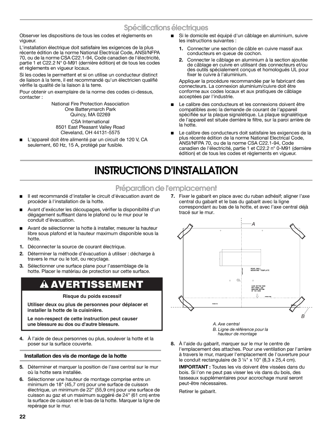 Jenn-Air LI3URB/W10274314C Instructions Dinstallation, Spécifications électriques, Préparation de lemplacement 