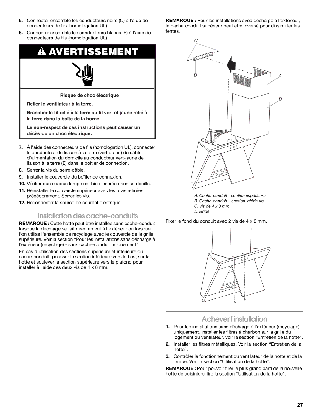 Jenn-Air LI3URB/W10274314C installation instructions Installation des cache-conduits, Achever l’installation 