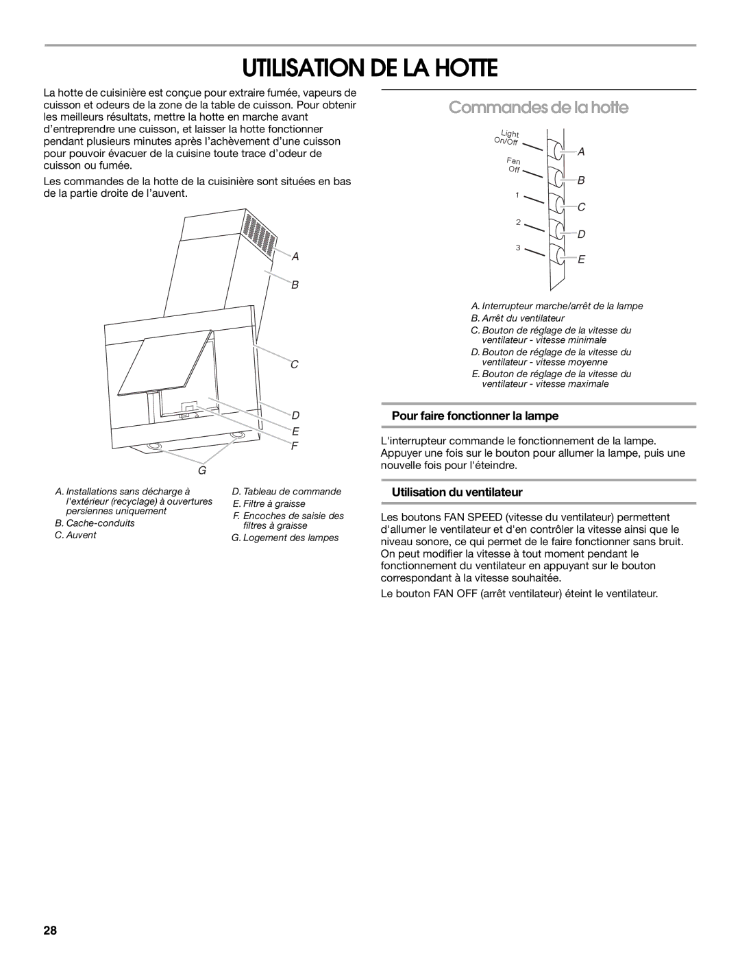 Jenn-Air LI3URB/W10274314C Utilisation DE LA Hotte, Commandes de la hotte, Pour faire fonctionner la lampe 