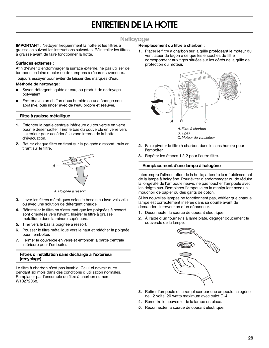 Jenn-Air LI3URB/W10274314C installation instructions Entretien DE LA Hotte, Nettoyage 