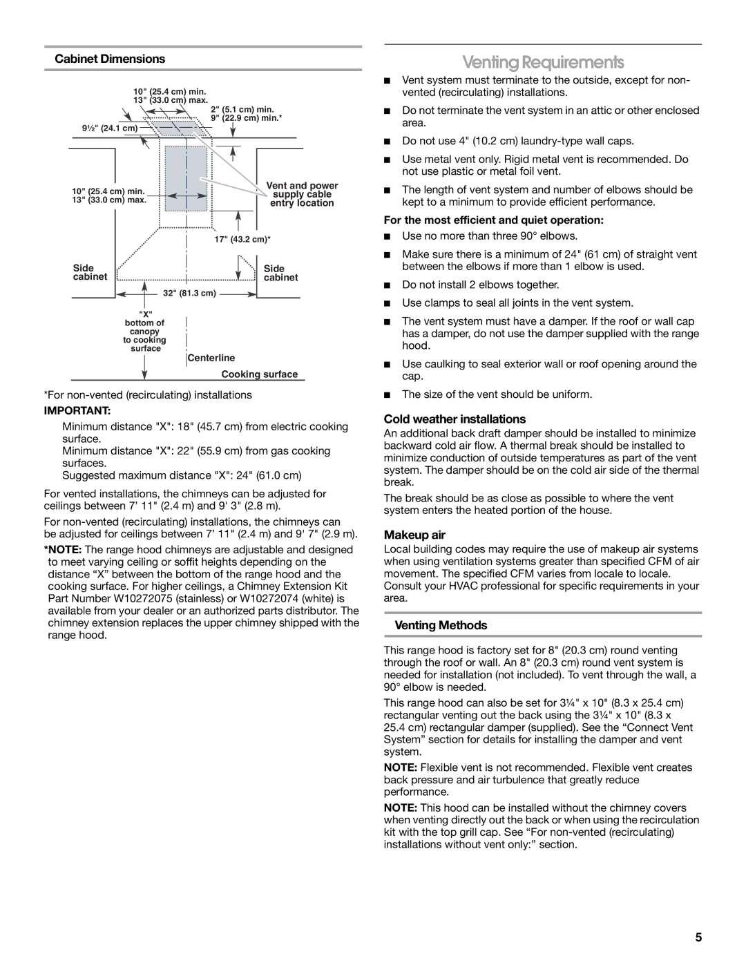 Jenn-Air LI3URB/W10274314C Venting Requirements, Cabinet Dimensions, Cold weather installations, Makeup air 