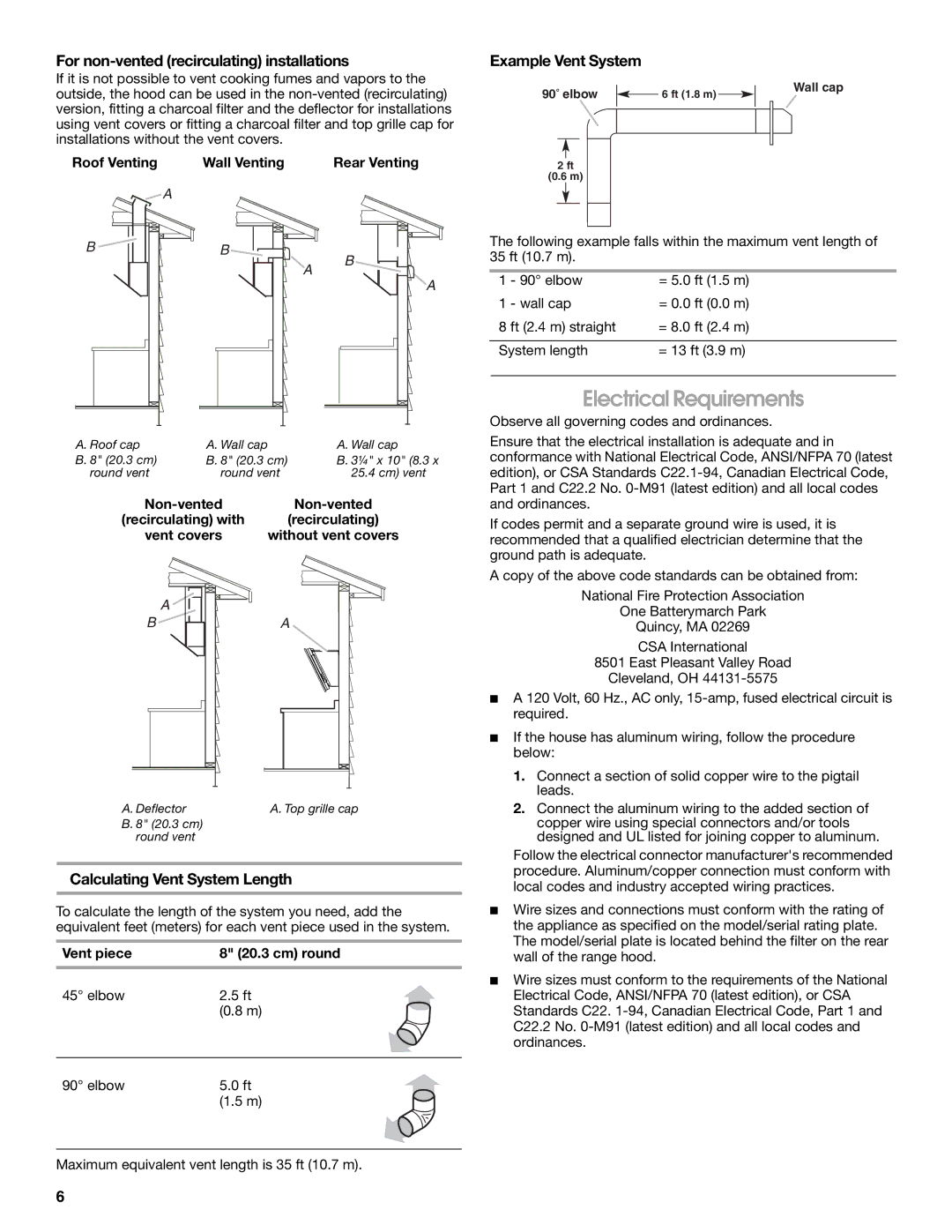 Jenn-Air W10274314C Electrical Requirements, For non-vented recirculating installations, Example Vent System 