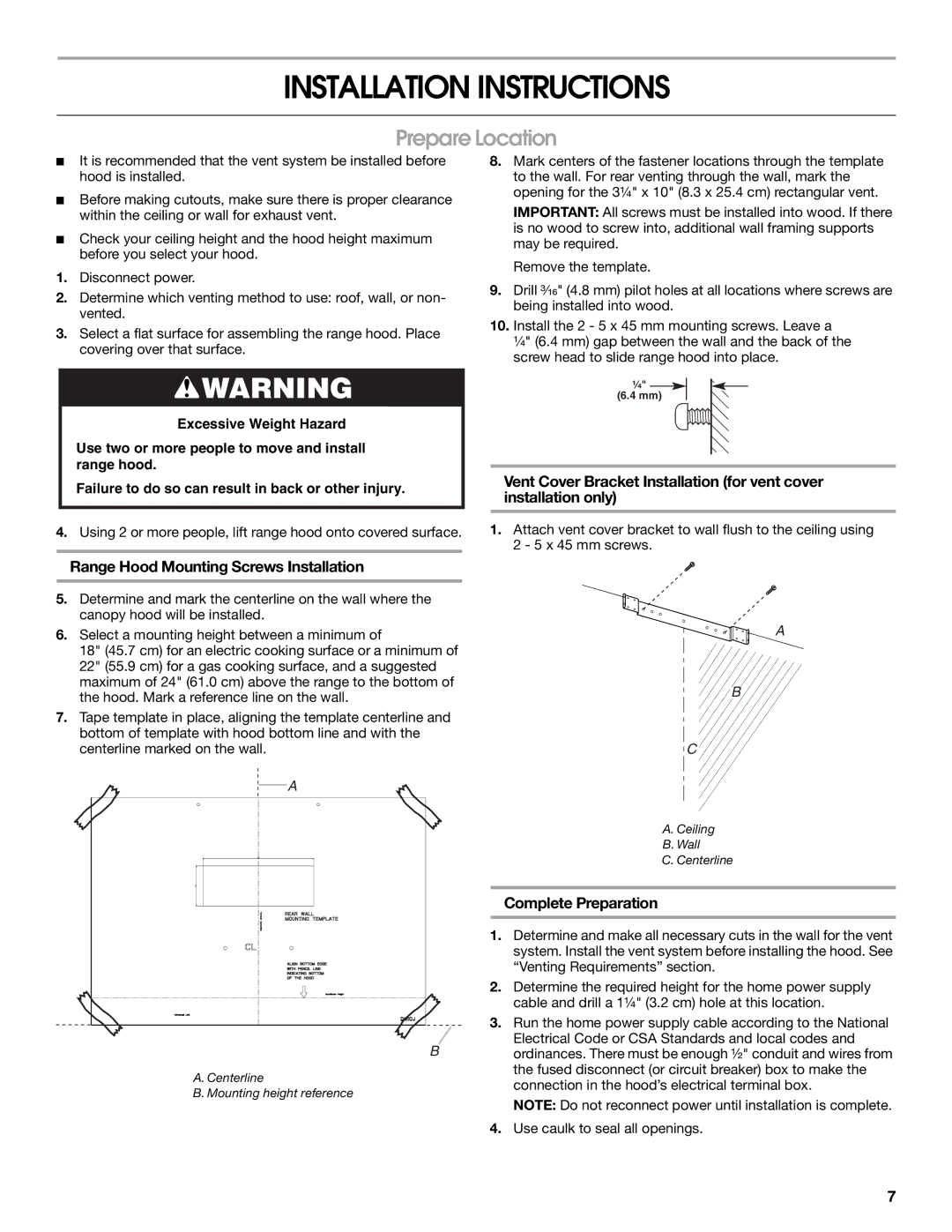 Jenn-Air LI3URB/W10274314C Installation Instructions, Prepare Location, Range Hood Mounting Screws Installation 