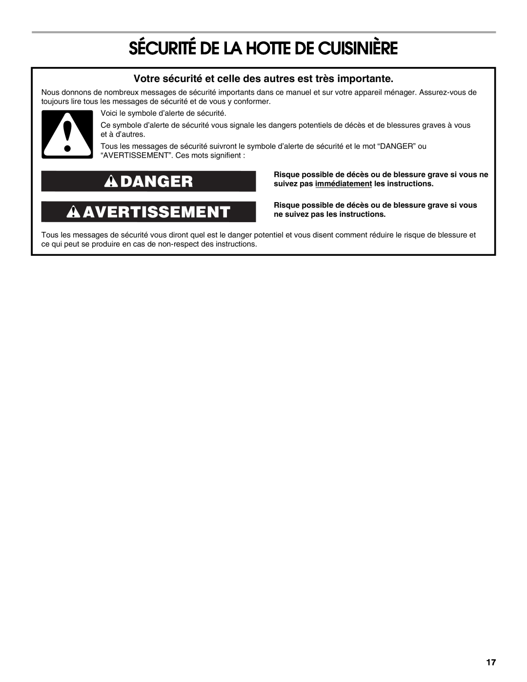 Jenn-Air LI3URB/W10274314C installation instructions Sécurité De La Hotte De Cuisinière, Danger Avertissement 