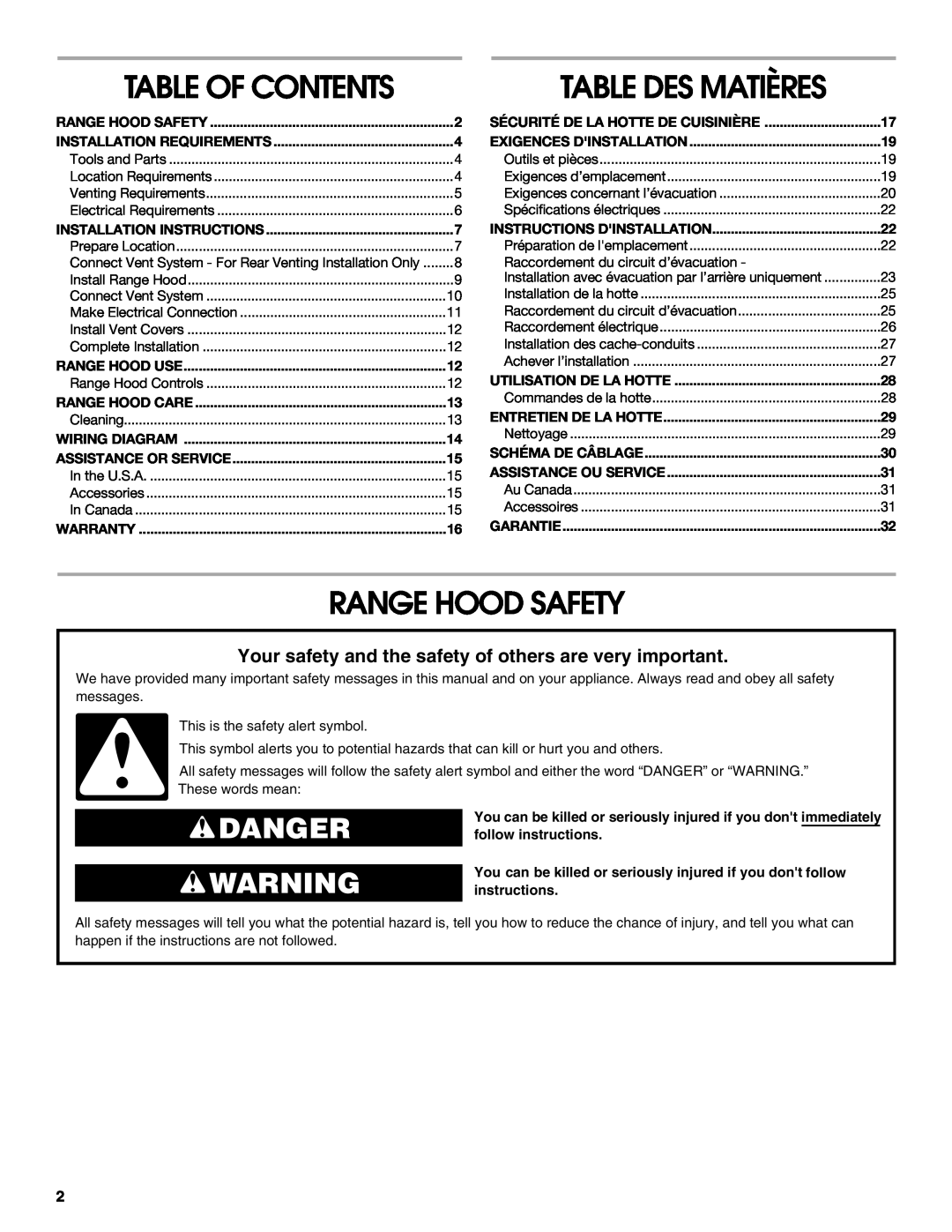 Jenn-Air LI3URB/W10274314C installation instructions Range Hood Safety, Table Des Matières, Danger, Table Of Contents 