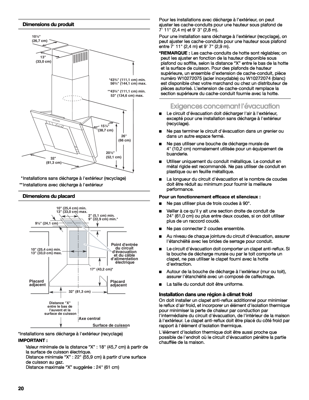 Jenn-Air LI3URB/W10274314C Exigences concernant l’évacuation, Dimensions du produit, Dimensions du placard 