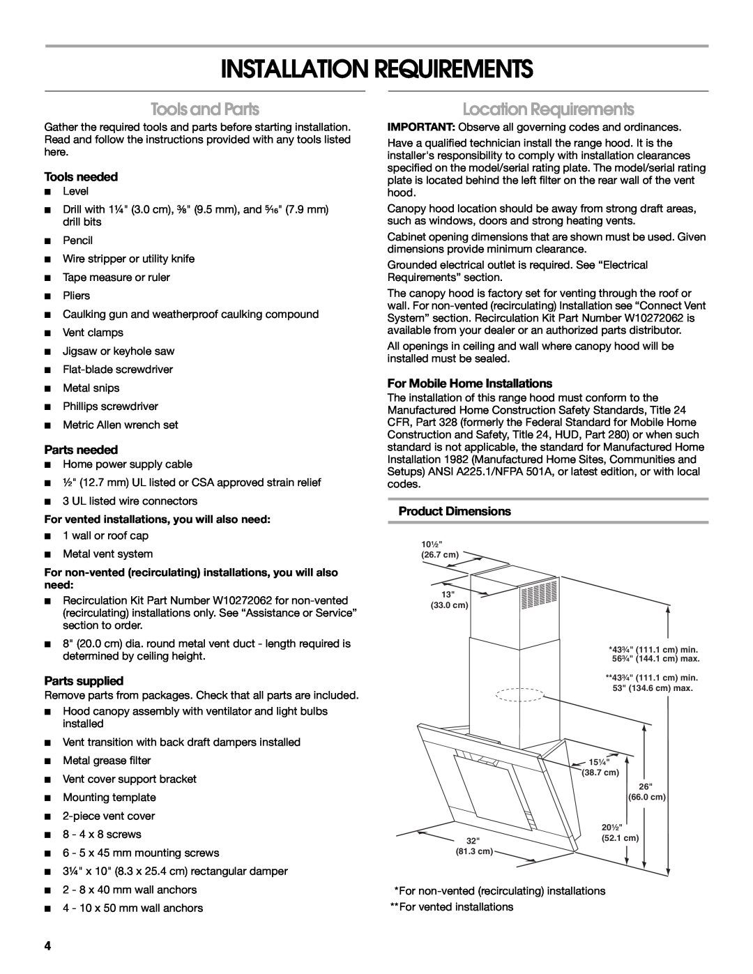 Jenn-Air W10274314C Installation Requirements, Tools and Parts, Location Requirements, Tools needed, Parts needed 