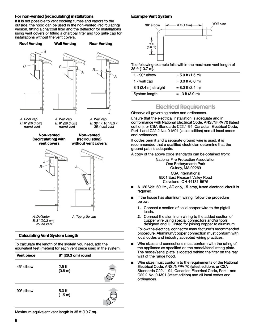 Jenn-Air W10274314C Electrical Requirements, For non-ventedrecirculating installations, Example Vent System, Non-vented 