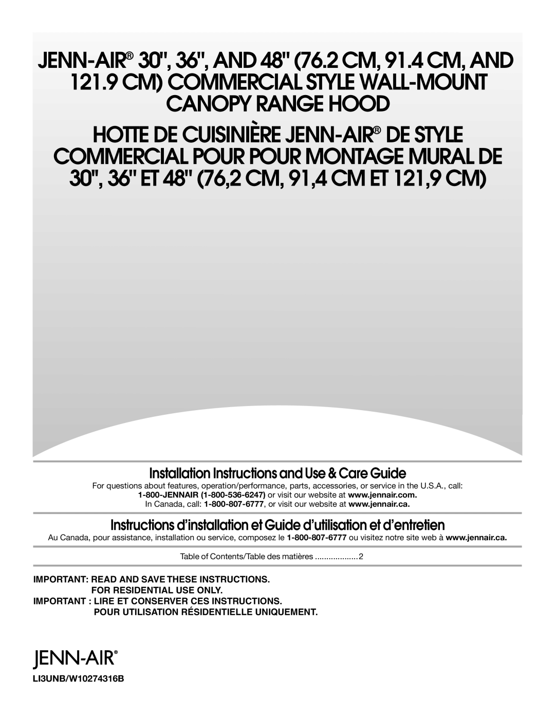 Jenn-Air installation instructions CM Commercial Style WALL-MOUNT Canopy Range Hood, LI3UNB/W10274316B 