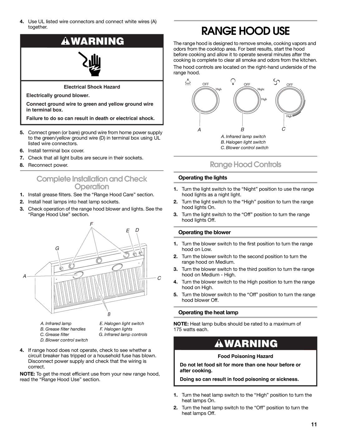 Jenn-Air LI3UNB, W10274316B Range Hood USE, Complete Installation and Check Operation, Range Hood Controls 