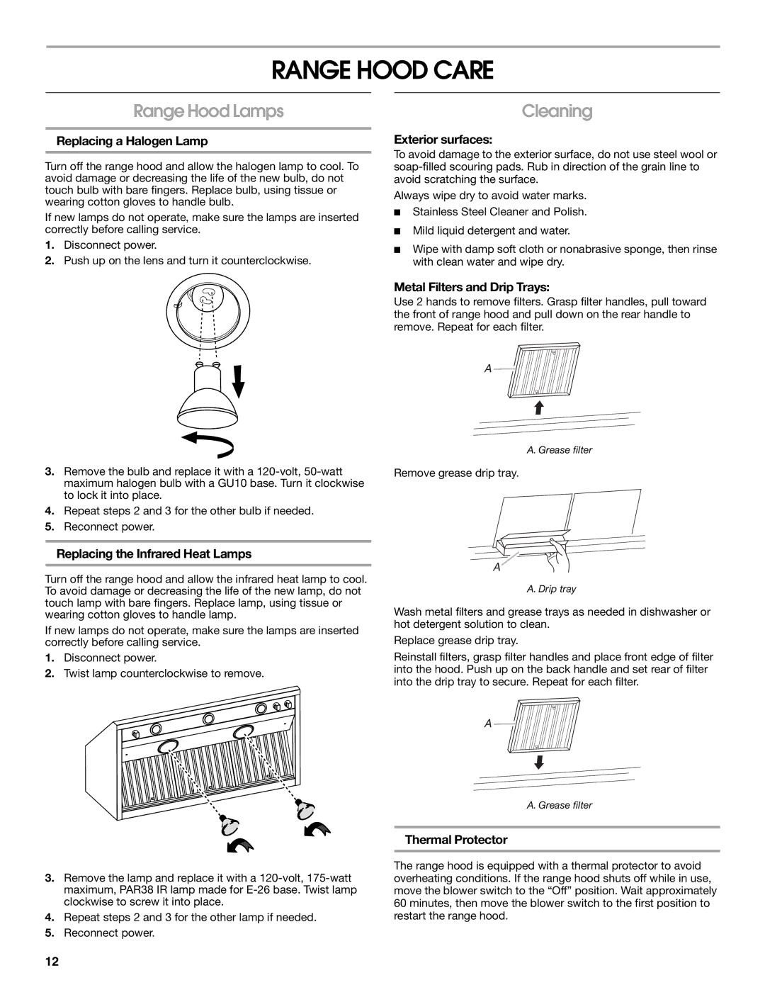 Jenn-Air W10274316B, LI3UNB installation instructions Range Hood Care, Range Hood Lamps Cleaning 