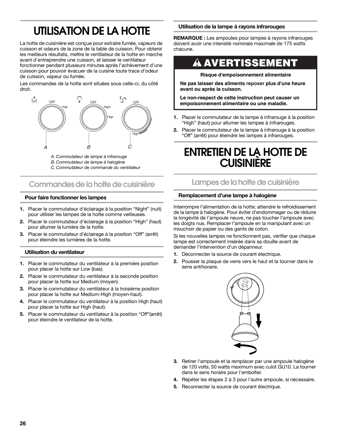 Jenn-Air W10274316B, LI3UNB Cuisinière, Commandes de la hotte de cuisinière, Lampes de la hotte de cuisinière 